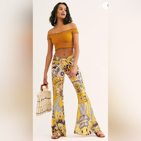 Lenni The Label Free People Jimi Flared Botanical Print Lace Up Pants Sz L - Picture 1 of 11